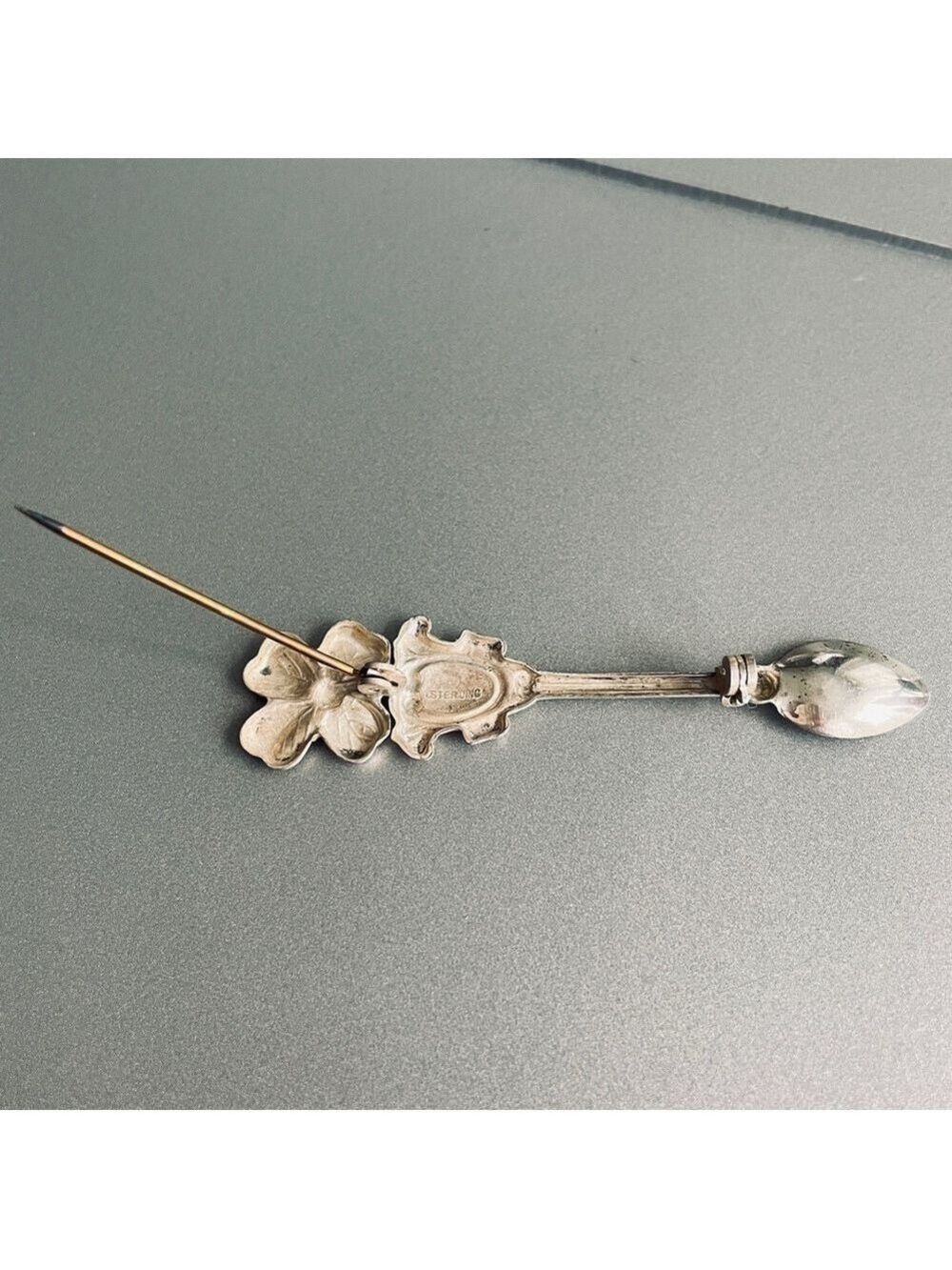 Lucky Four Leaf Clover Art Deco Spoon Antique Vtg Sterling Silver Pin Br… - Picture 6 of 7